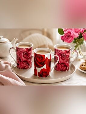 Rose Print Latte Mug Set Pink Floral Cottagecore Tea Coffee Cups NWOB
